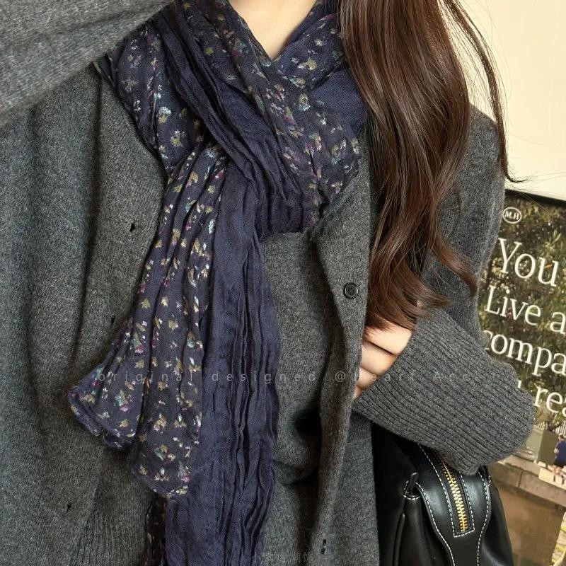 WTEMPO Spring Summer Artistic Retro Contrasting Floral Long Scarf for Women 2026 New Winter Outfit Coat Fashionable and Sophisticated Scarf