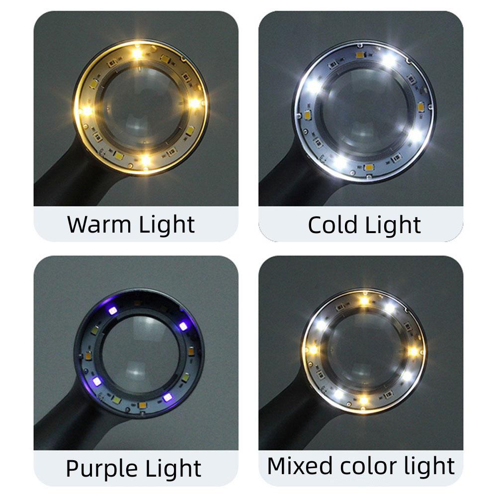 30x Handheld Rechargeable Magnifier With 4-color Led Light For Antiques Jewelry Appreciation Reading Books And Fine Inspection