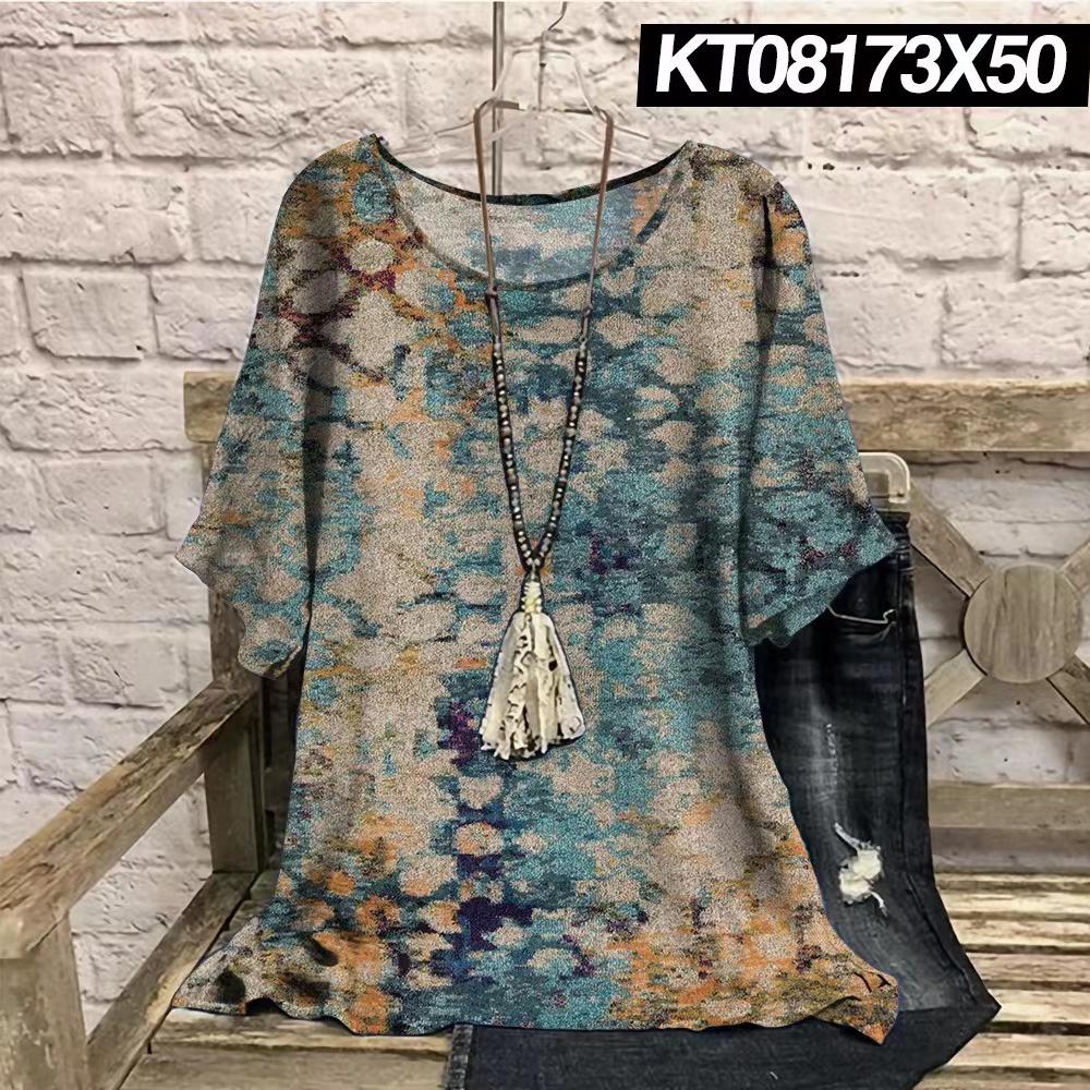 Plus Size Retro Color Blocked 3D Printed Summer Casual Round Neck Short Sleeved Loose Slimming Loose T-shirt