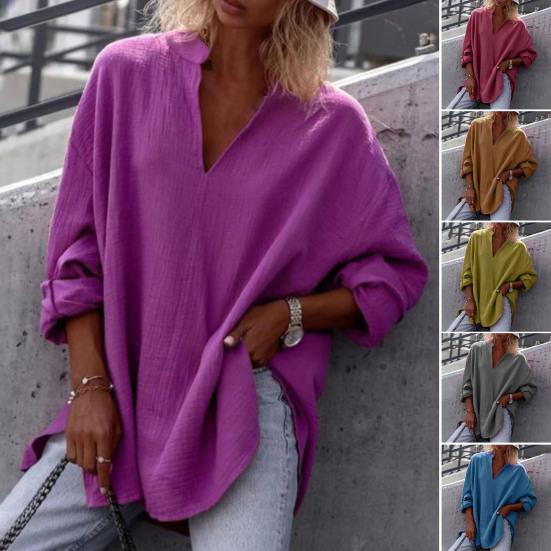 

Пуловер с v-образным вырезом и воротником-стойкой, однотонная повседневная рубашка с длинными рукавами, женская одежда