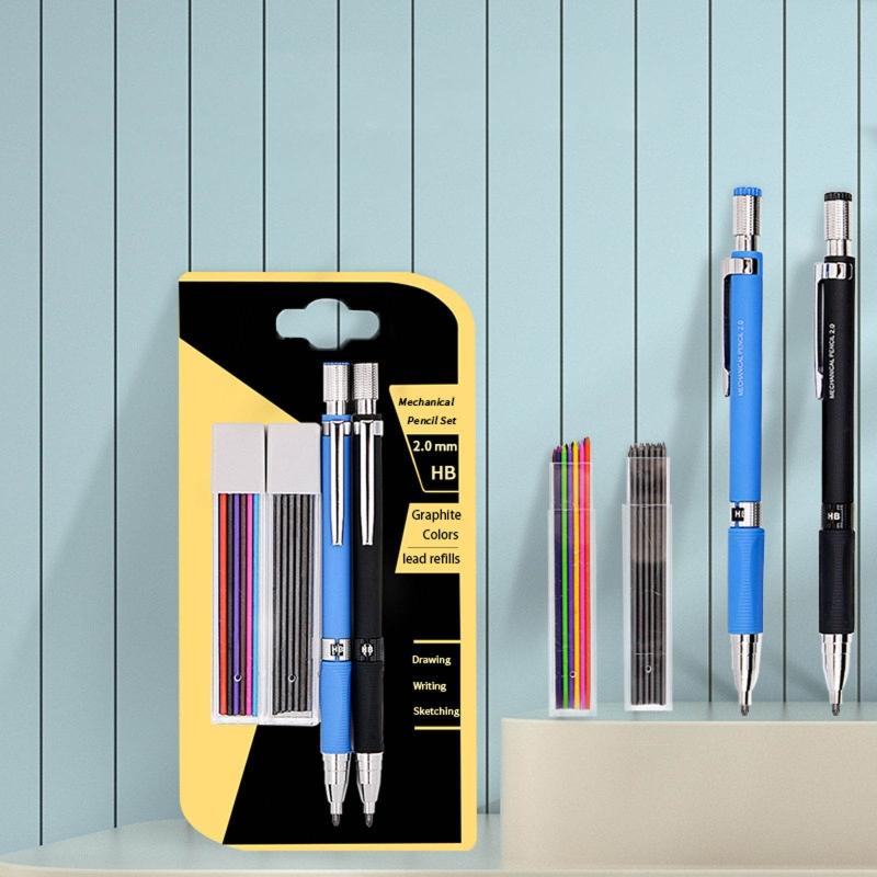 2.0 Mm Mechanical Pencil Set 2x Automatic Pencils 2 Cases Refills (Color and Black) for Draft Drawing Writing Crafting
