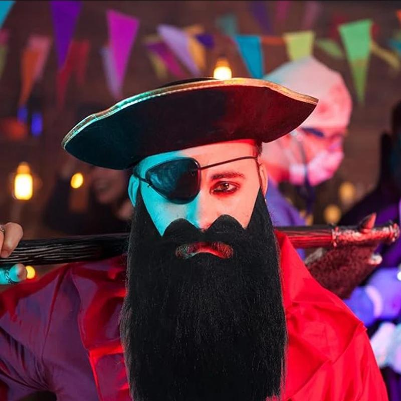 Black Fake Beard & Mustache Set - Unisex Costume Facial Hair for Halloween, Parties, Disguise Games & Pobooth Props