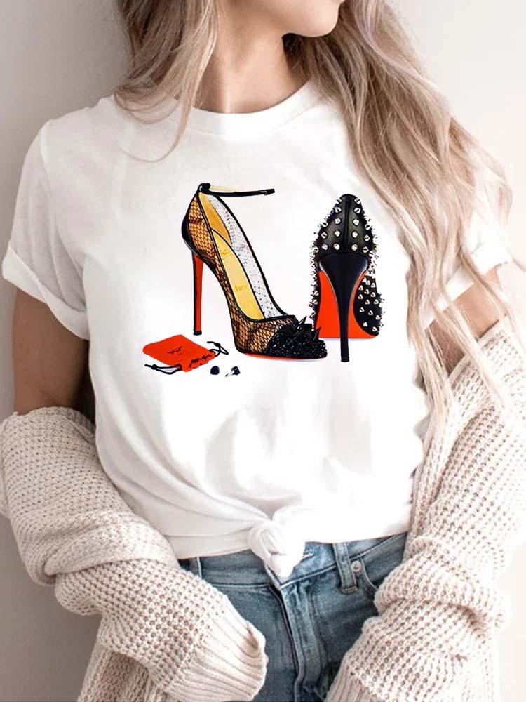 Modisches bedrucktes High-Heel-T-Shirt für Damen Modisches weißes Kurzarm-T-Shirt mit Schleifendesign Lässiges Home-Top für Mädchen