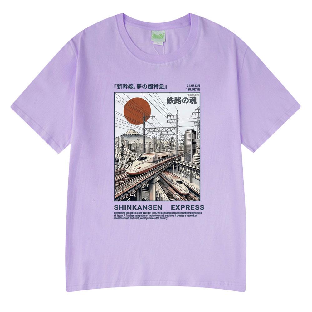 T-shirt Illustrazione Treno Espresso Shinkansen Stile Giapponese Retro Poster Vintage Ferroviario T-shirt Estiva Cotone Casual Tshirt