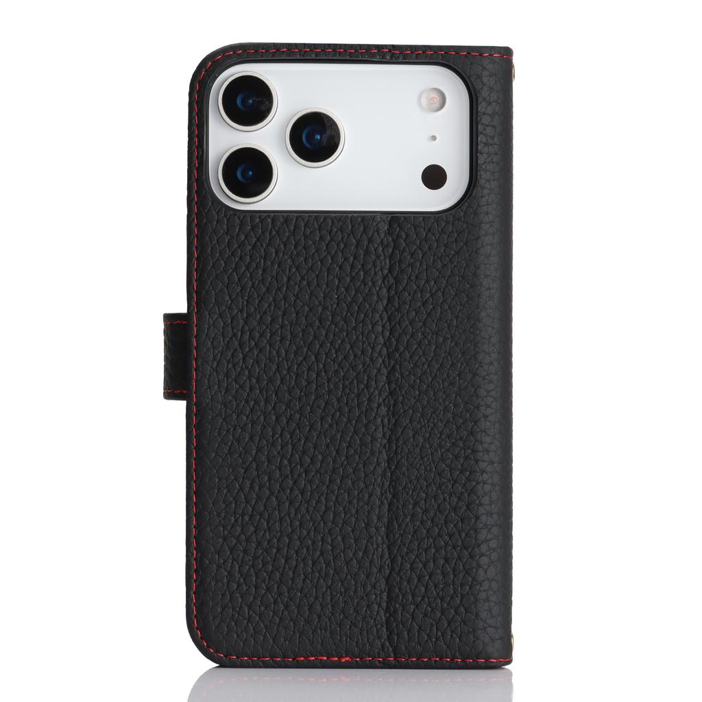 For iPhone 17 Pro Max Stand Case Litchi Texture Genuine Cow Leather Wallet Phone Cover RFID Blocking