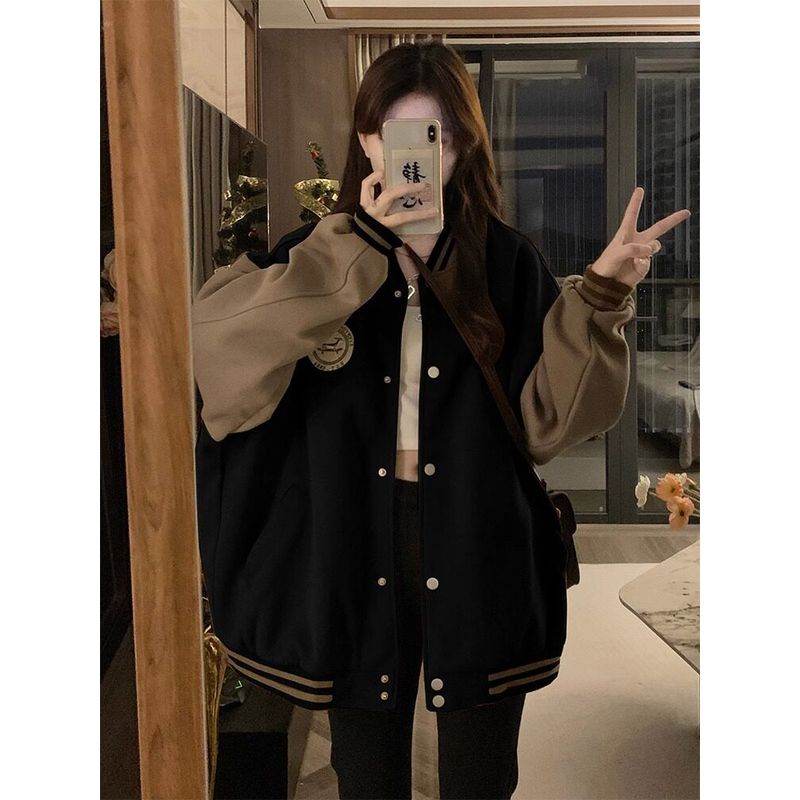 Plus-Size Women's Black Baseball Jacket for Summer, Korean Style, Trendy Retro Loose Fit, Slimming Effect