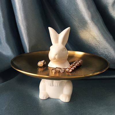 Interior Ceramic Statue Rabbit Stainless Steel Metal Gold Key Tray Decor Animal Sculpture Multifunctional Entrance Object Holder