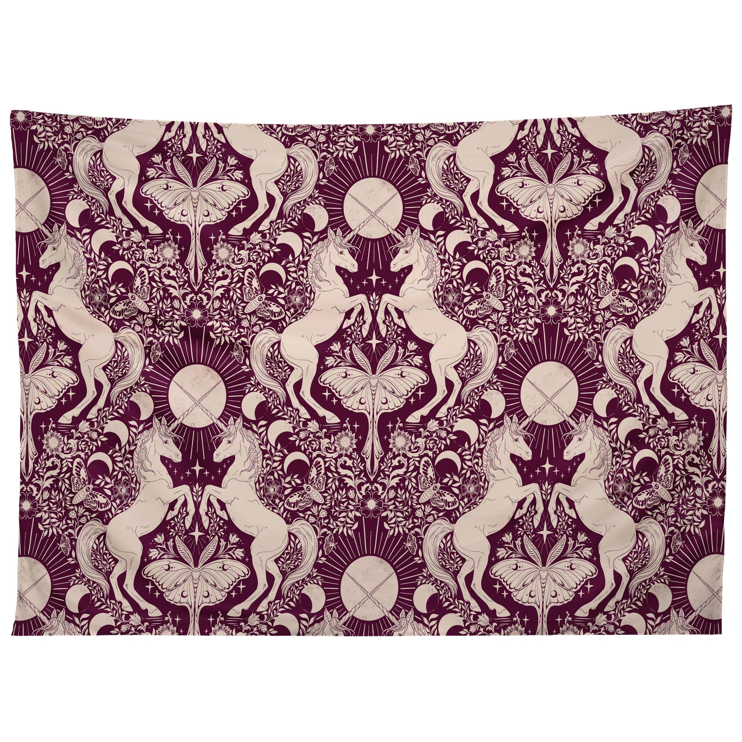 Unicorn Damask Tapestry in Berry Red 75x100