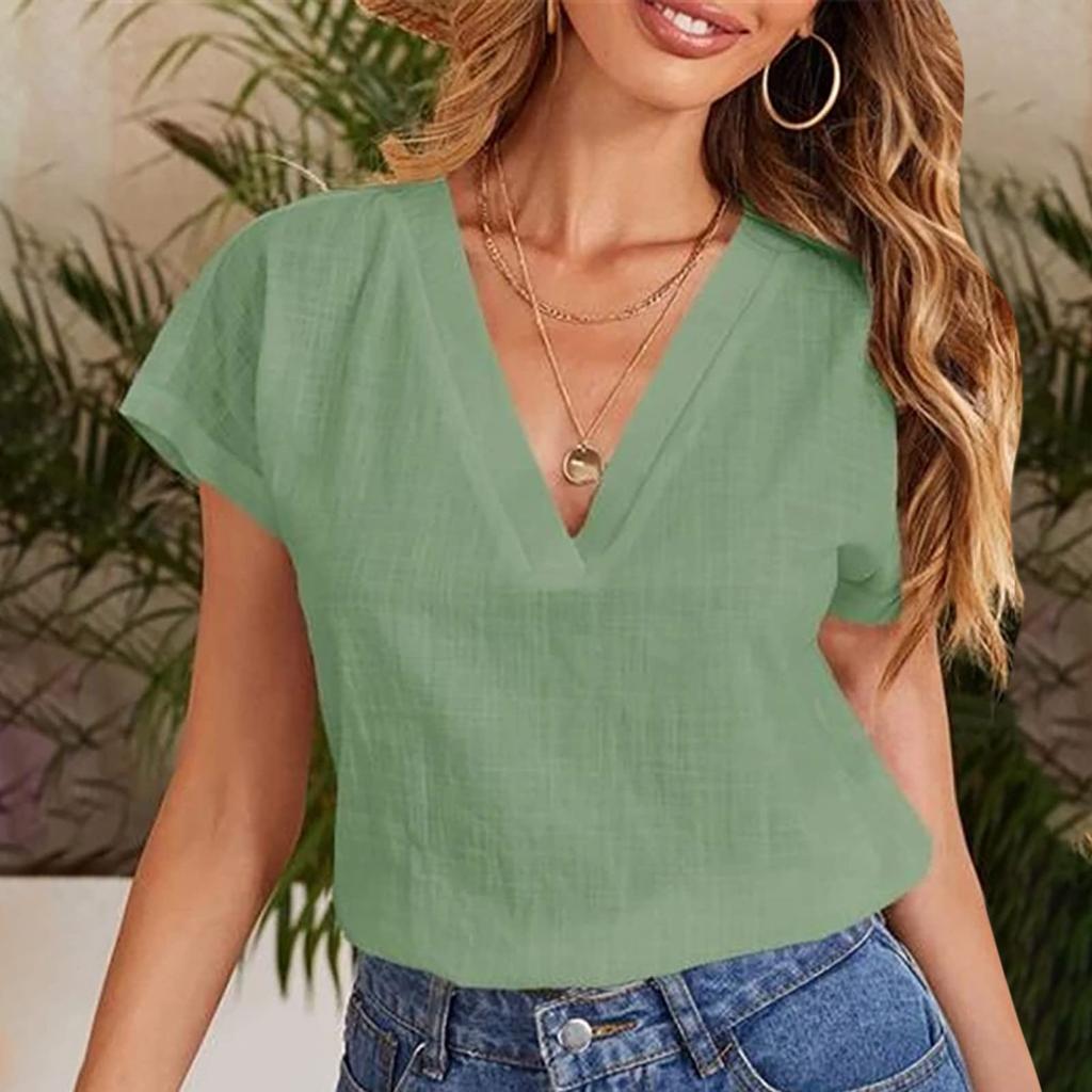 Women's Fashionable Cotton Linen Loose V-Neck Short-Sleeve Top