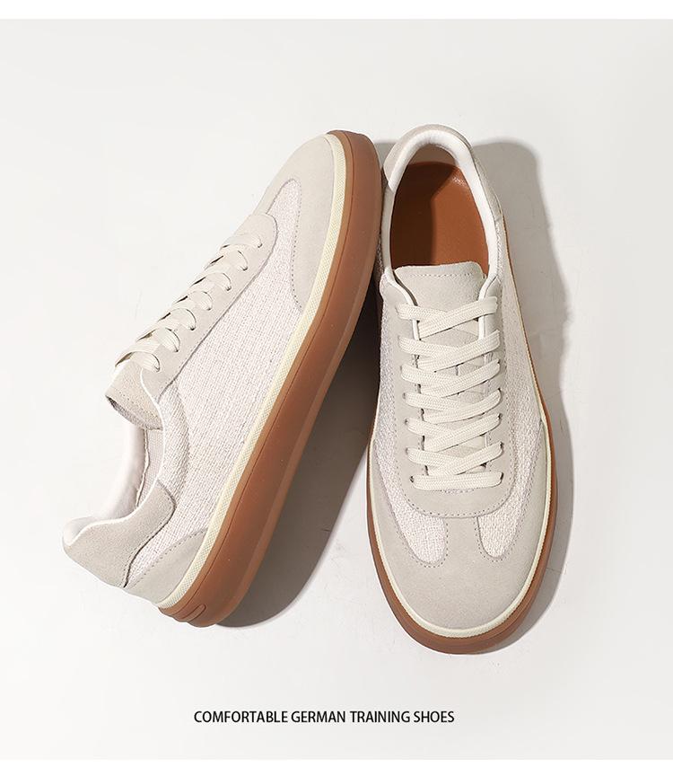 Men's Old Money Style Low-Top Breathable Cowhide Spliced Linen White Skate & Running Shoes