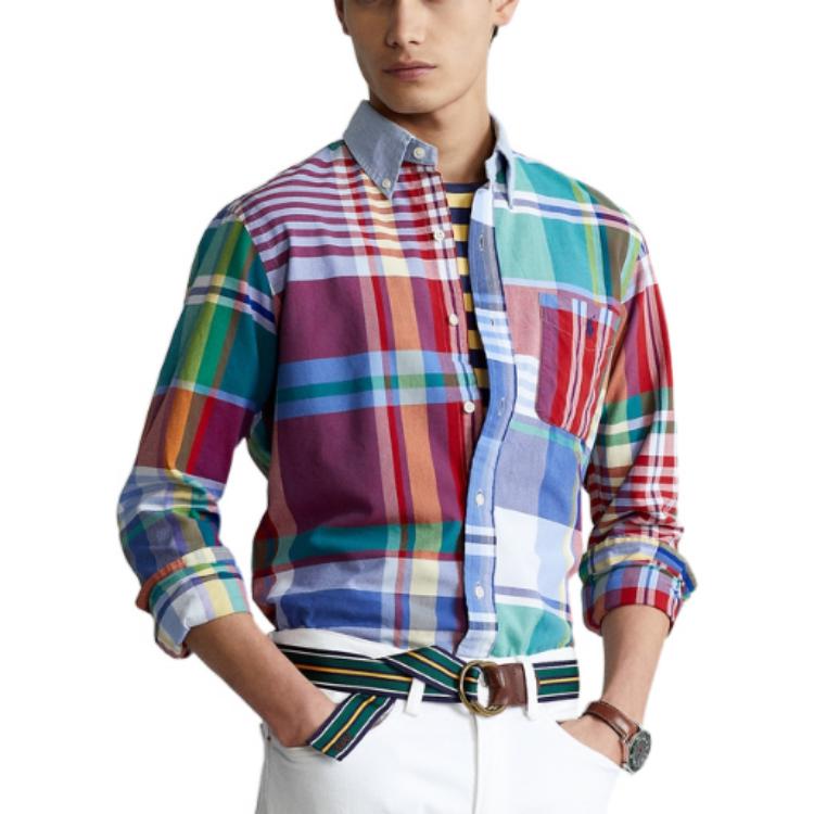 Polo Ralph Lauren SS22 Oxford Cloth Color Block Striped Plaid Shirt Men shirts Red MNPOWOV16821-961