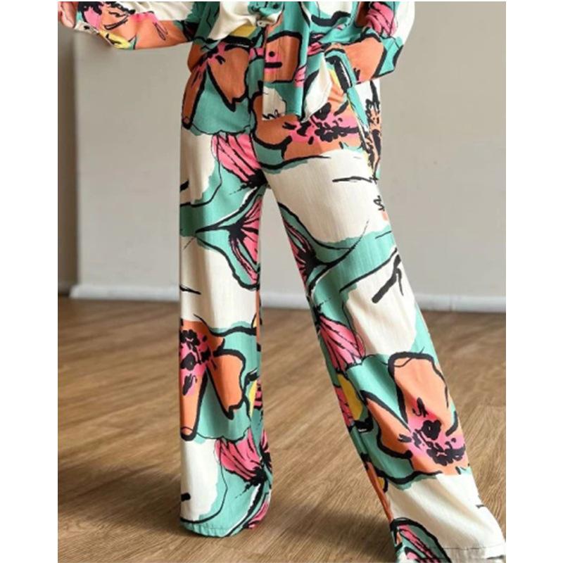 Cross-border Europe, America 2025 New Temperament Women's Clothing Large Size Printed Commuter Shirt High Waist Wide Leg Pants Spot Set