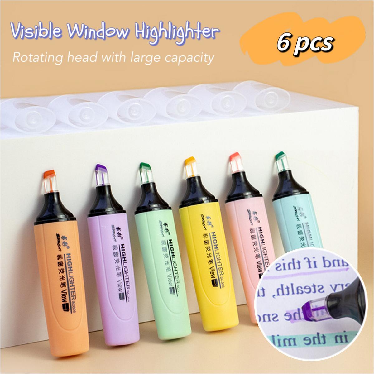 6pcs 360° rotating tip Clear View Tip Highlighter pens, For students Study School Office, Back to School 6Colors