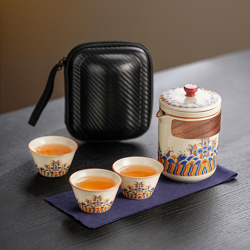 Guochao Ru Kiln Chinese Creative Wave Ancient Rhyme Portable Outdoor Camping Tea Pot Business Travel Quickguest Cup