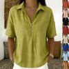 Women's Linen-Look Short Sleeve Blouse Casual Half-Zip Collared Top