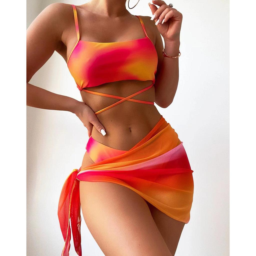 Tie-dye Bikini Swimsuit Women's Three-piece Mesh Skirt Split Bikini Swimsuit