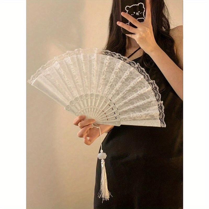 1pc New Chinese Vintage Black Lace Folding Fan Cheongsam Fan Tasseled Old-Fashioned Style Best Gifts Birthday Decorative Fan