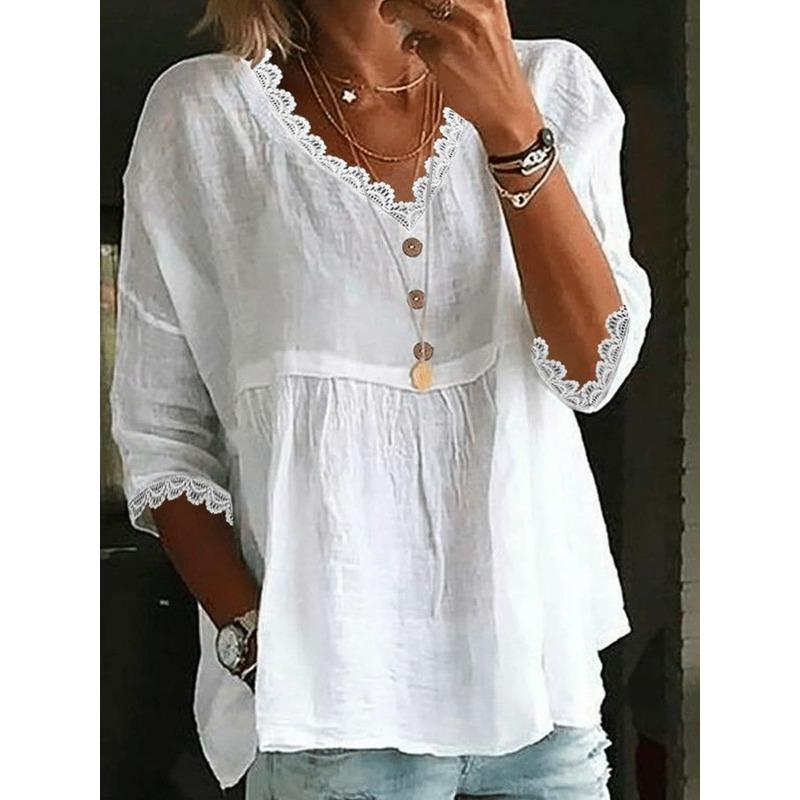 TIFICY Women's Fashion Casual Summer Spring Solid Color Print 3/4 Sleeves V-Neck Blouses & Shirts