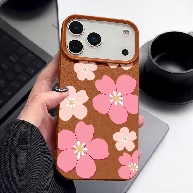 Fresh Style Cherry Blossom Pattern Case For iPhone 17 Pro Max Leather Texture Soft Silicone Cover For iPhone 16 15 14 13 Pro 12 11 16E Air
