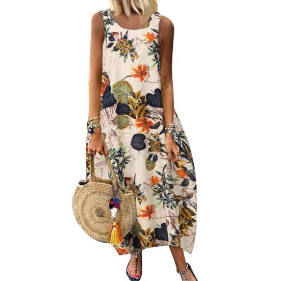 Abito Lungo Lento da Donna Vintage Senza Maniche Scollo O Stampa Floreale Foglie Cotone Lino