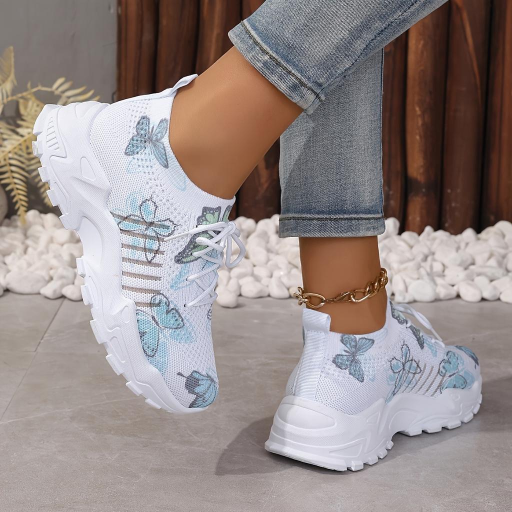 Women's White Sneakers Breathable Running Sneakers with Pastel Purple/Blue Lightweight Lace-Up Platform Shoes
