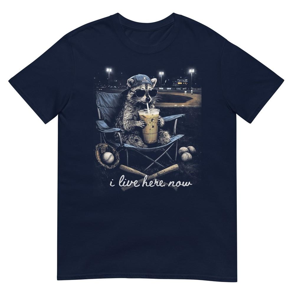 Funny Raccoon Baseball Iced Coffee Lover I Live Here Now TShirt S