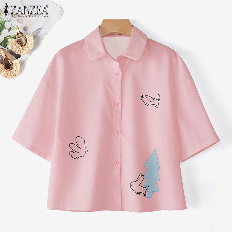 ZANZEA Blusa Estiva Casual a Maniche Corte con Colletto Reversibile da Donna