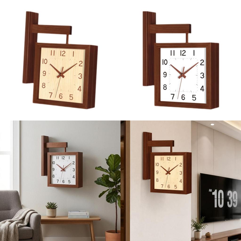 Holz Quadratische Uhr, Modern Kreatives Design Tickenlos Doppelseitige Uhr, Wanduhr für Hotel