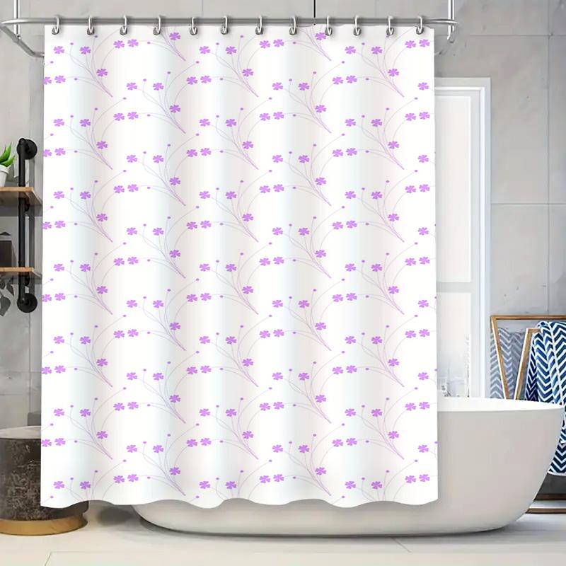 Purple Flowers Shower Curtain Printed Water Repellent Bath Room Decor Waterproof Plastic Fabric White Background