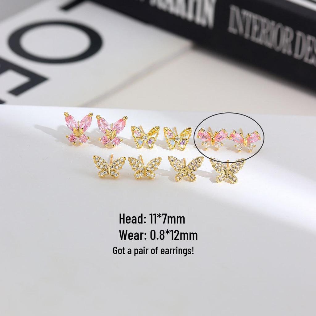 Copper-Plated Gold & 925 Silver Butterfly Earrings with Pink Diamond & Rainbow Zirconia for Women