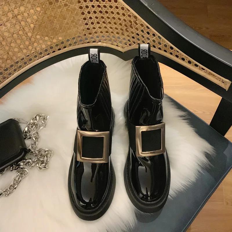 Lackleder Chelsea Boots Damen Markenschuhe Winter Marke Metallschnalle Botas Femme Stretch Reitstiefel Damenschuhe Botas