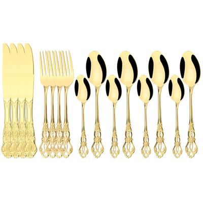 Conjunto de talheres de aço inoxidável 16 peças vintage oco dourado talheres faca garfo chá gelo colher louça conjunto festa casamento talheres