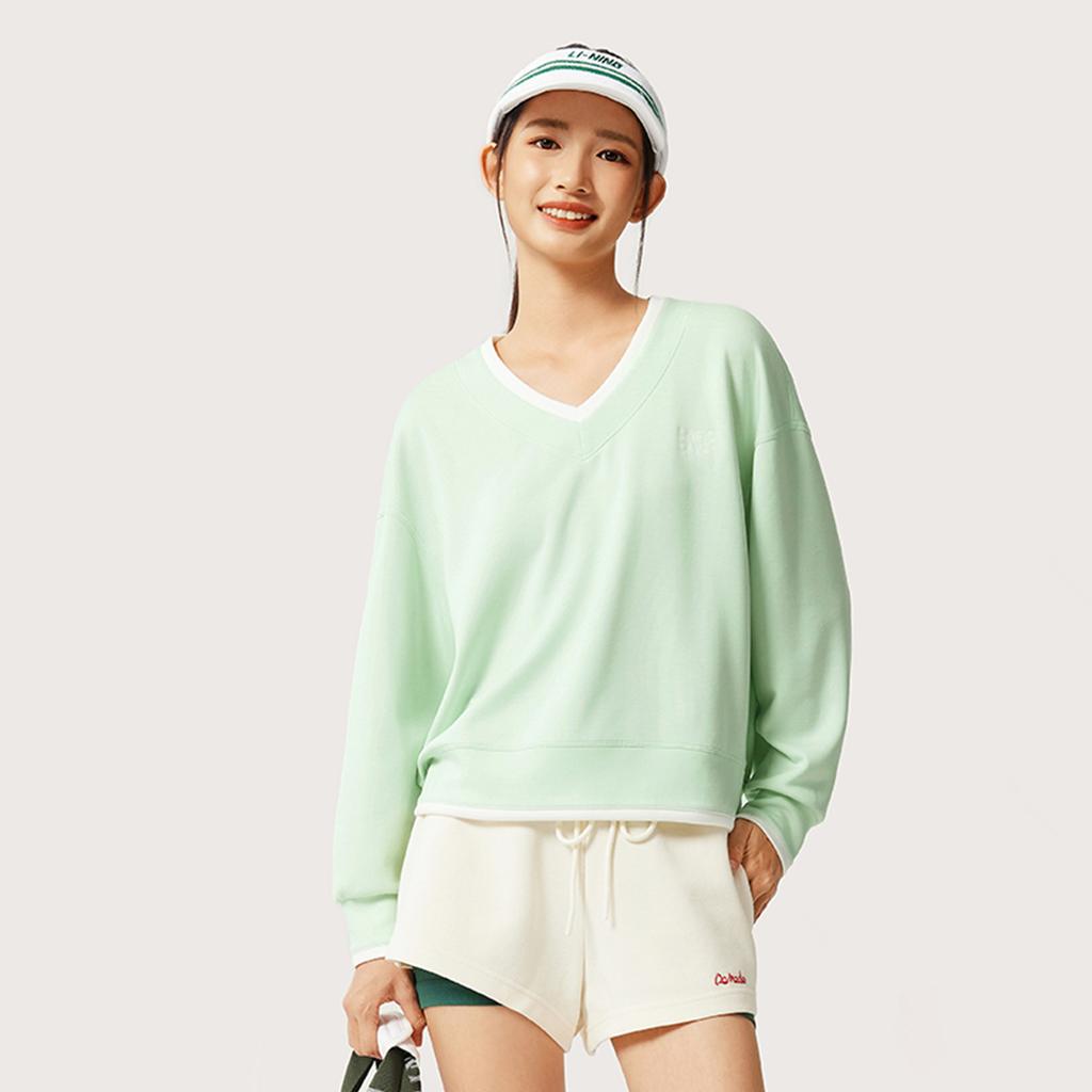 Li-Ning Comfortable Casual Simple V-Neck Pullover Loose Long Sleeve Sweatshirt Women sweatshirt Ice-Green AWDV886-3