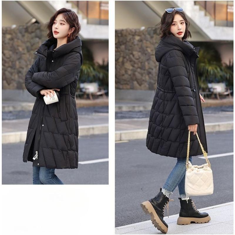 Women’s Winter High End Elegant Thickened Mid Length Padded Down Coat Waist Cinched Hooded Warm Fashion Outerwear