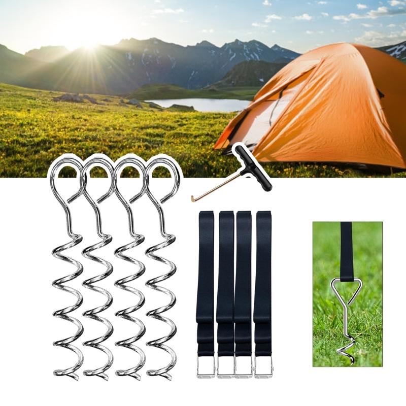 4Pcs Tent Stake Anchors Trampoline Ground Stake Tie Down Spirals Ground Anchors Stake With Strap For Trampolines Swings