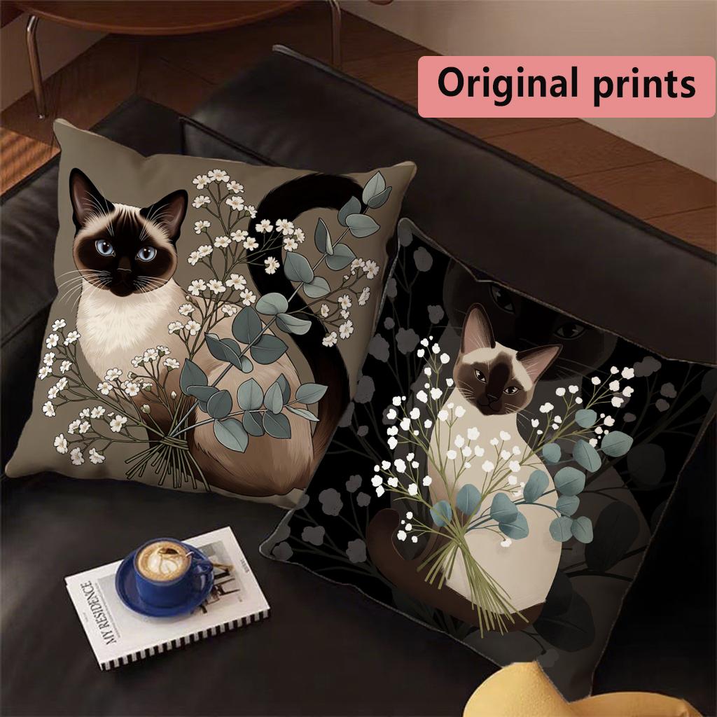 Siamese Cat Floral Throw Pillow Covers Pattern Cushion Cover Suitable For Sofa Bedroom Car Pillow Cover