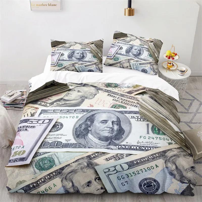 Dekbedovertrek met geldprint King Queen Size, Dollarbiljetten met het portret van Ben Franklin, Decoratieve polyester beddengoedset US Twin 173x218cm