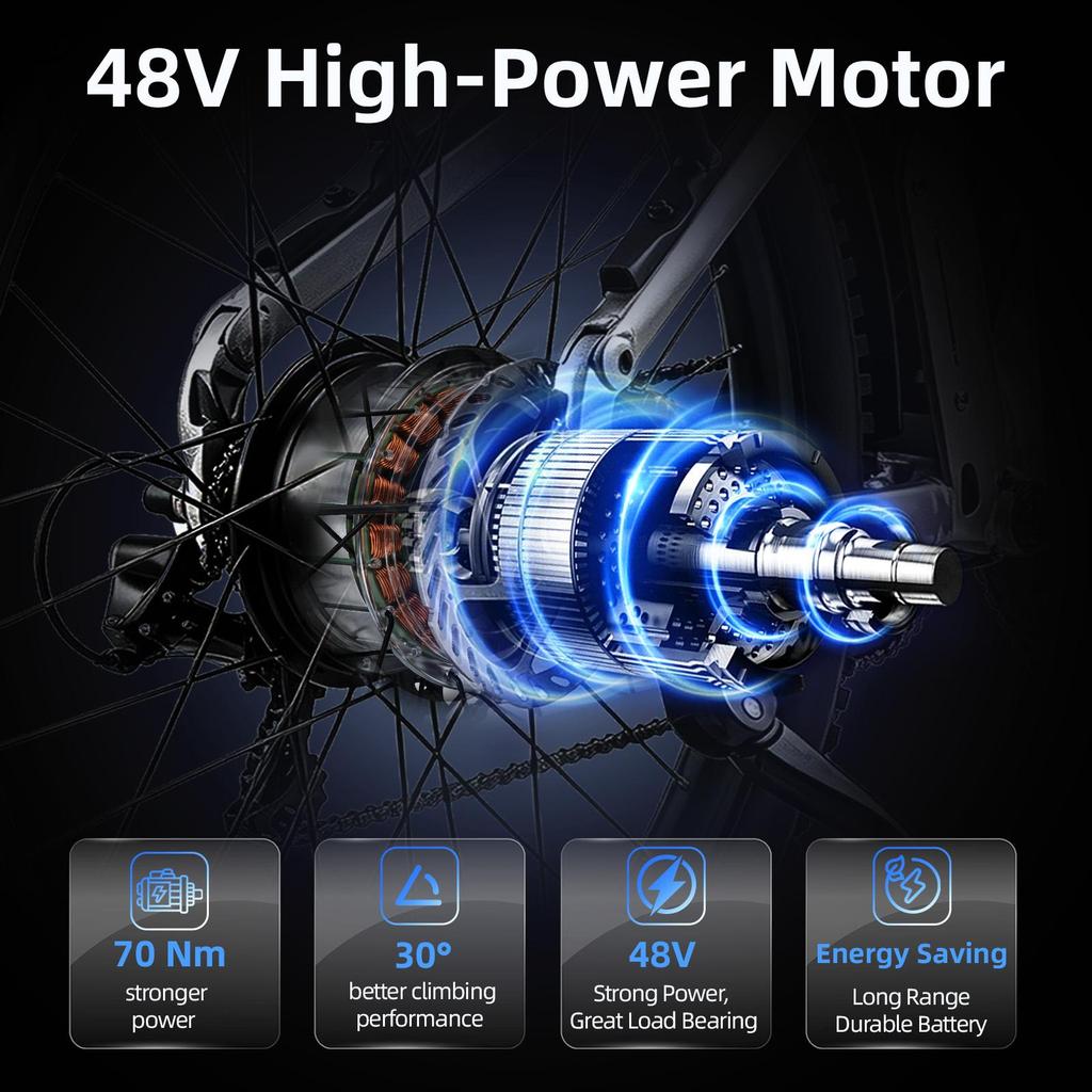 Bicicletă Electrică TTGO E-SUVO Motor 250W Baterie 48V15Ah Autonomie Maximă 120km Anvelope 27.5“ × 2.4” Cadru Suspensie Completă Frâne cu Disc Hidraulice Shimano 7 viteze