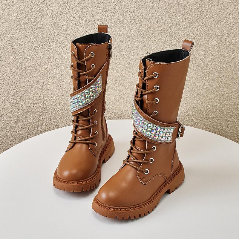 2024 New Girls High Boots Casual Sequined Korean Style Side Zipper Black Beige Princess Shoes Children Boots for Catwalk Elegant