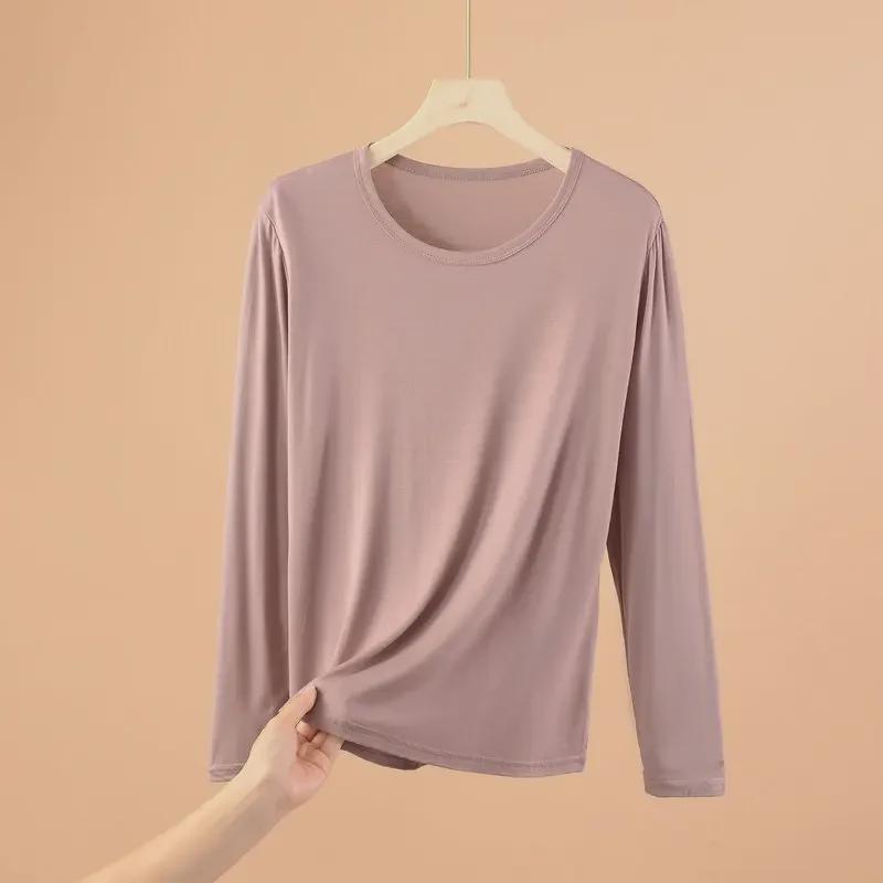 Plus Size Modal Long-Sleeve Loose Fit Round Neck T-Shirt for Women