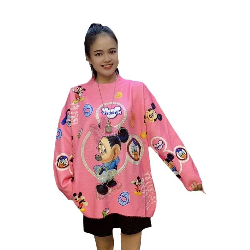 2024 European-Style Cartoon Loose Plus-Size Rhinestone Sweater for Women - Autumn/Winter Long Sleeve Knit Top