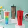 1PC 710ML Straw Cup with Lid Studded Finish Double Wall Coffee Mugs Plastic Studded Durian Tumblers Cold Bling Cup Customized
