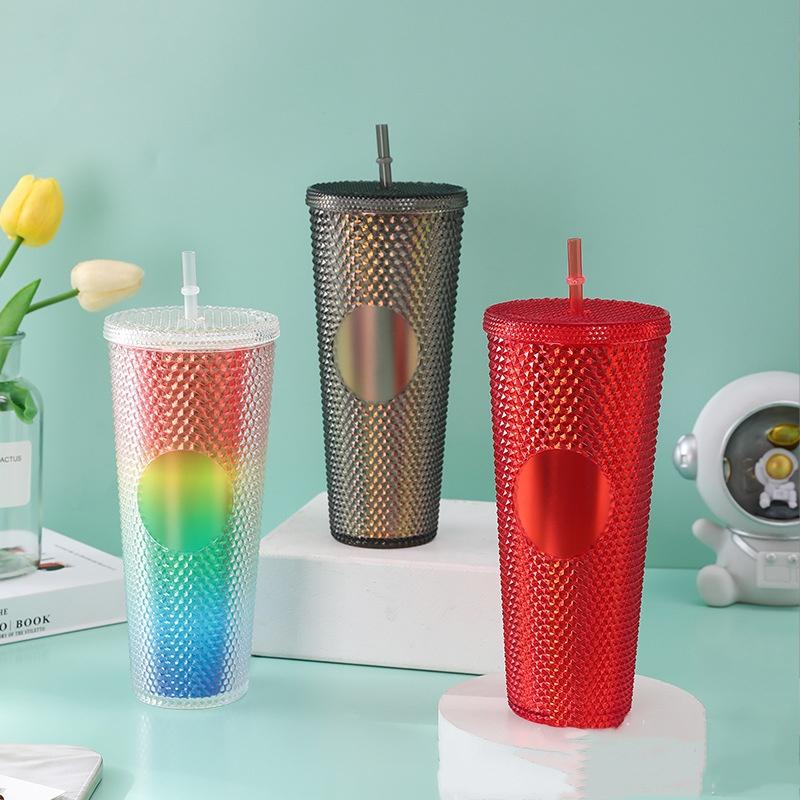 1PC 710ML Straw Cup with Lid Studded Finish Double Wall Coffee Mugs Plastic Studded Durian Tumblers Cold Bling Cup Customized