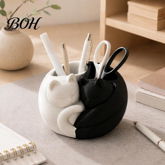 Plastic Pen Stand 3D Printed Cat Holder, Cute Sleeping Kitty Stationery Organizer, 2-in-1 Modern Desk Storage for Makeup Brushes Desktop Organizer