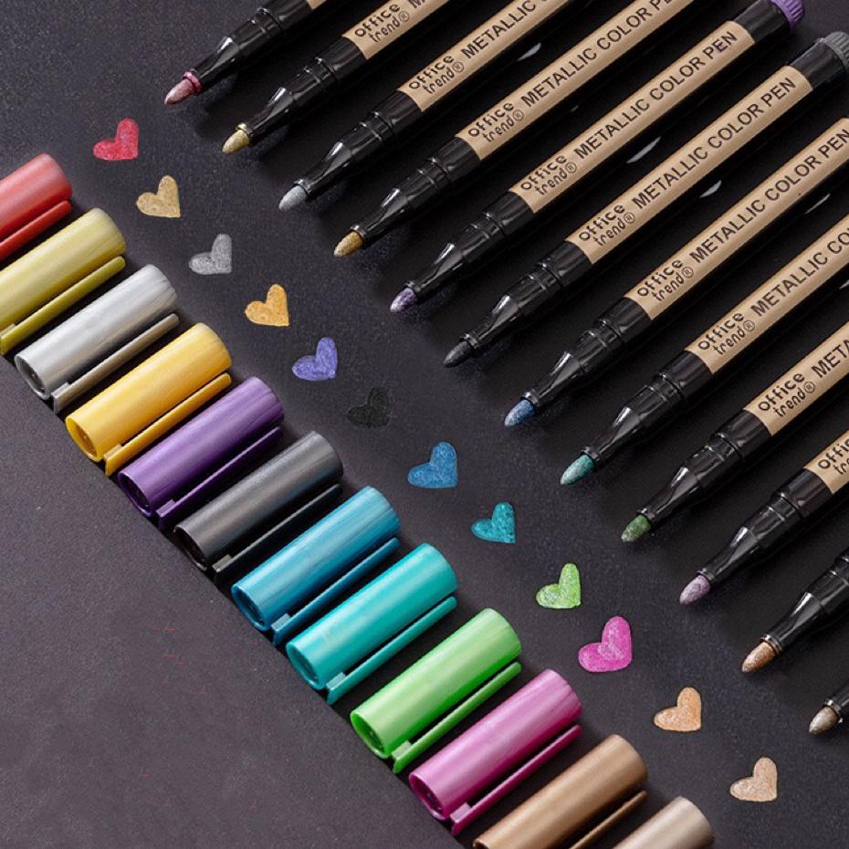 10Pcs Metal Marking Pens, Medium Point Metallic Marker Pens for Rock Painting, Black Paper, Card Making, Scrapbook & DIY Crafts