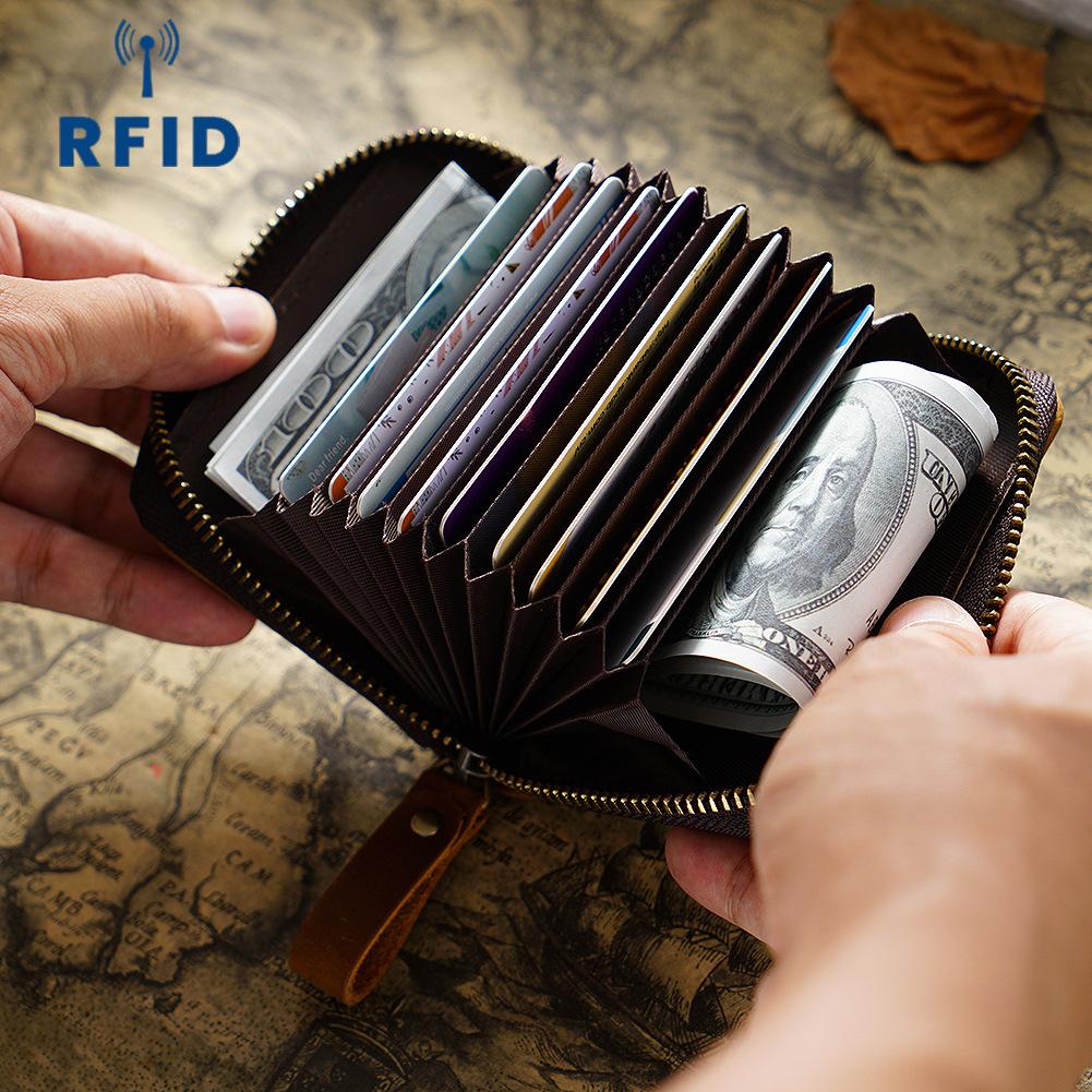 Genuine Leather Cowhide Card Holder Wallet RFID ID Card Holder Zipper Short Purse Organ Card Case Bag