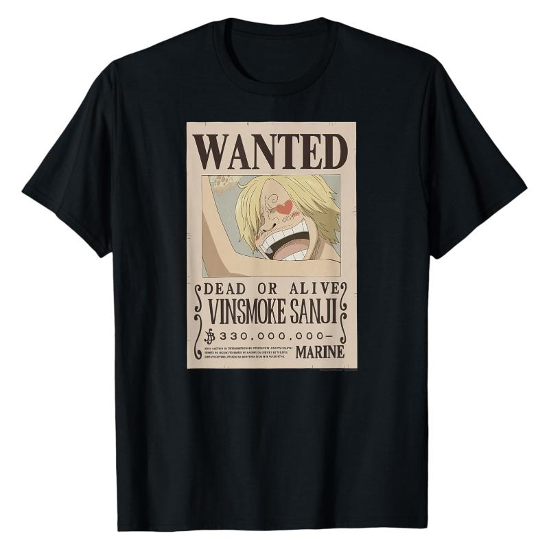 Vinsmoke Sanji Wanted Poster One Piece TShirt Classic Wanted Graphic Print Crew Neck Pure Cotton Casual Streetwear Tops S