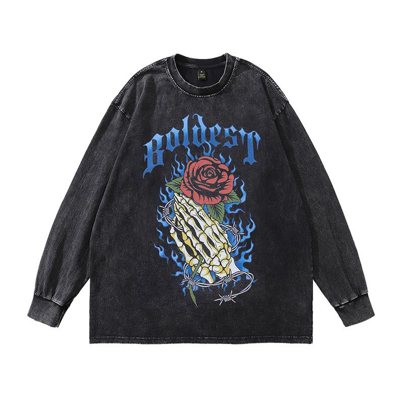 Tide Brand T-Shirt Harajuku Japanese Ukiyo-E Painted Street Retro Tiger Print Washed Old Long-Sleeved T-Shirt For Men And Women