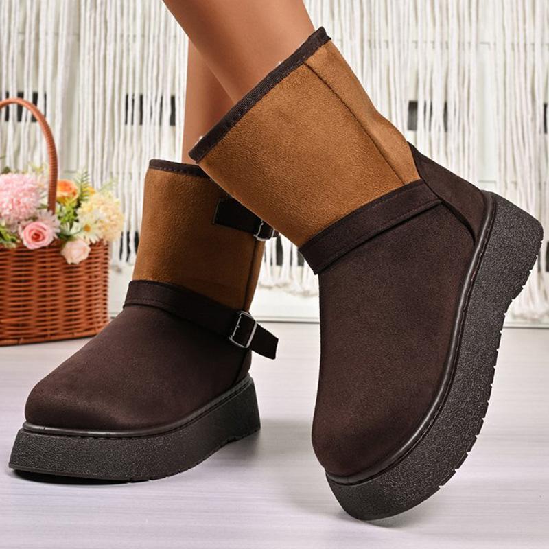 Fashion Vintage Buckle Detor Snow Boots Women Winter Mix Color Faux Suede Snow Boots Woman Short Plush Platform Warm Booties Female