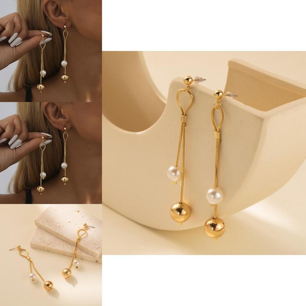 2023 Trendy Asymmetrical Earrings Gold Chain Faux Pearl Dangle For Women